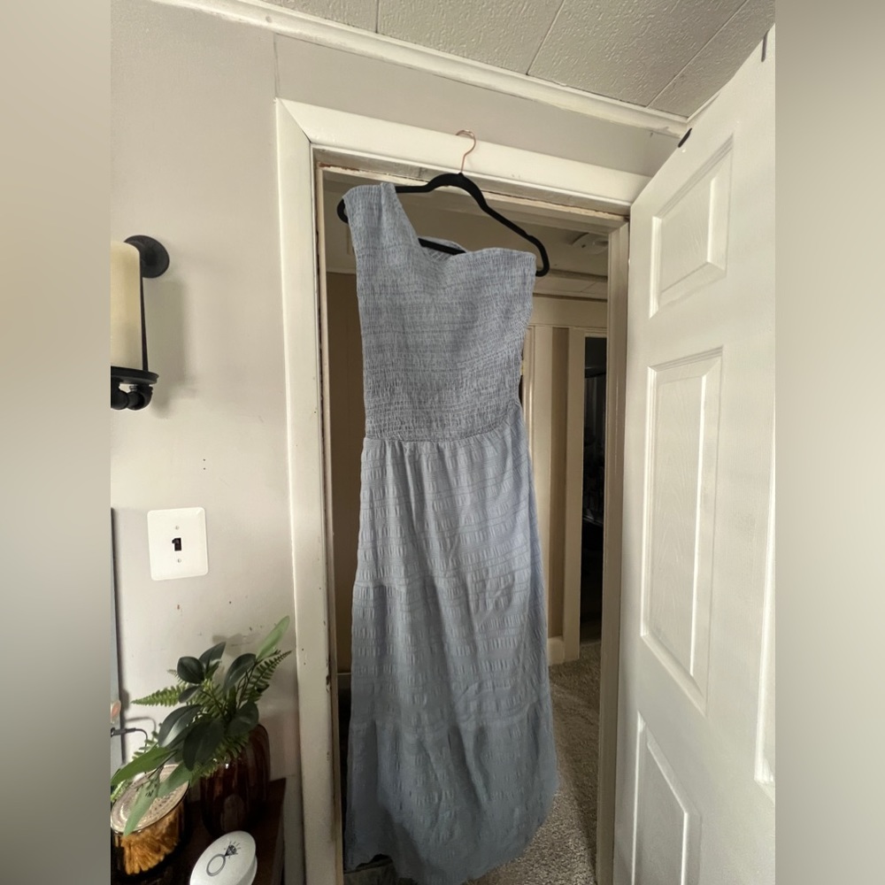 Elegant One-Shoulder Blue Gray Maxi Dress